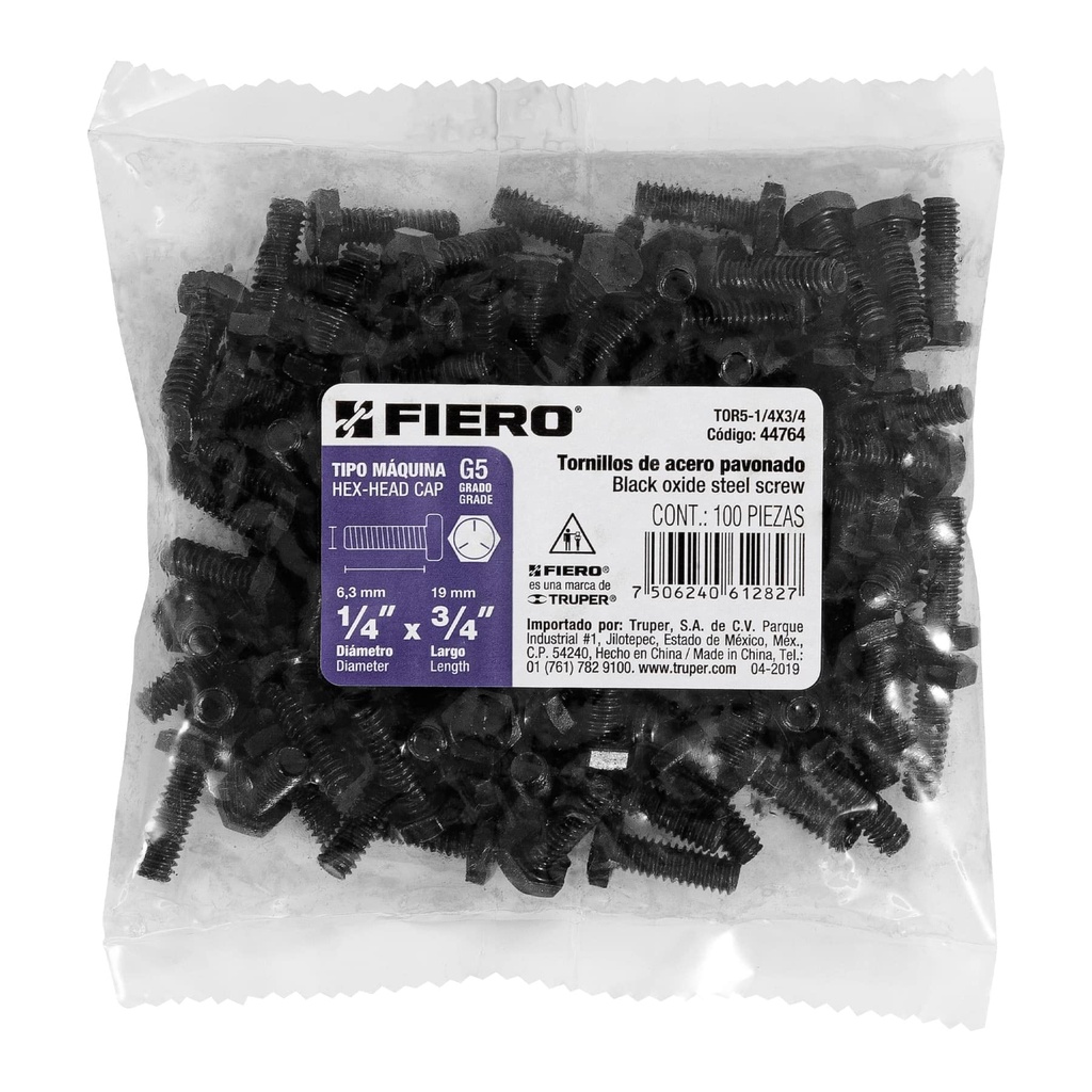 Bolsa con 50 tornillos 1/4' x 3' acero grado 5, FIERO TOR5-1/4X3