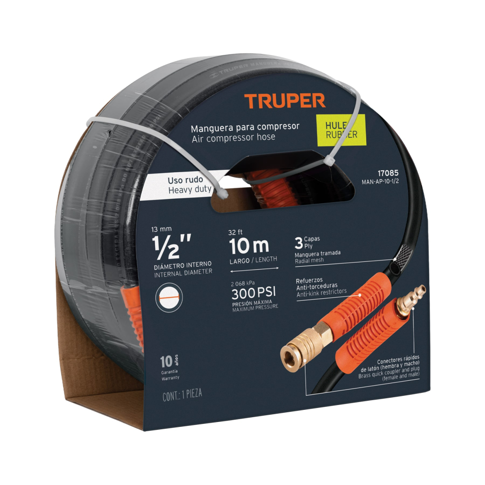 Manguera para compresor, de hule, 10m x 1/2', TRUPER MAN-AP-10-1/2