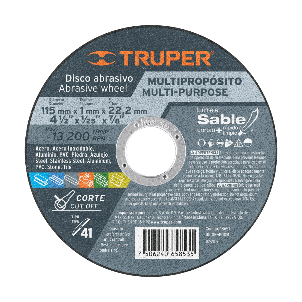 Disco Tipo 41 de 4-1/2' x 1 mm corte multimaterial, Sable DICOF- 4510M