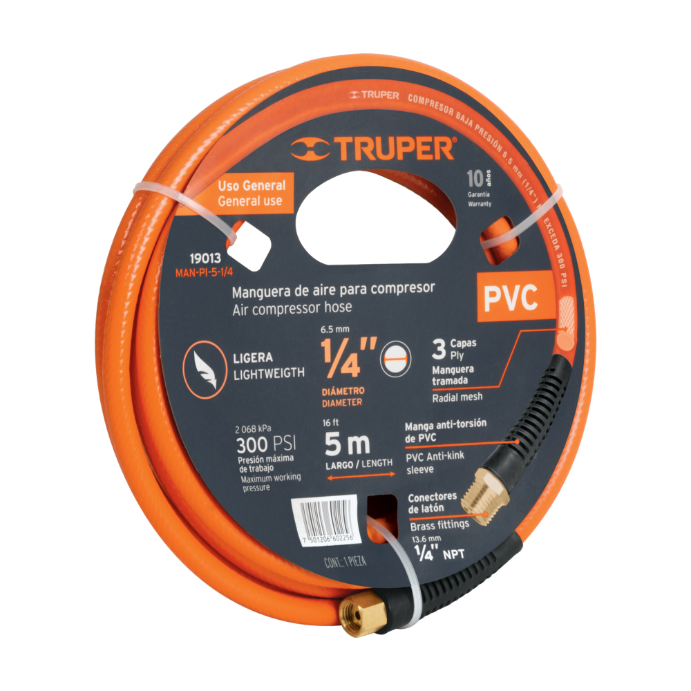 Manguera para compresor, de PVC, 5m x 1/4', TRUPER MAN-PI-5-1/4