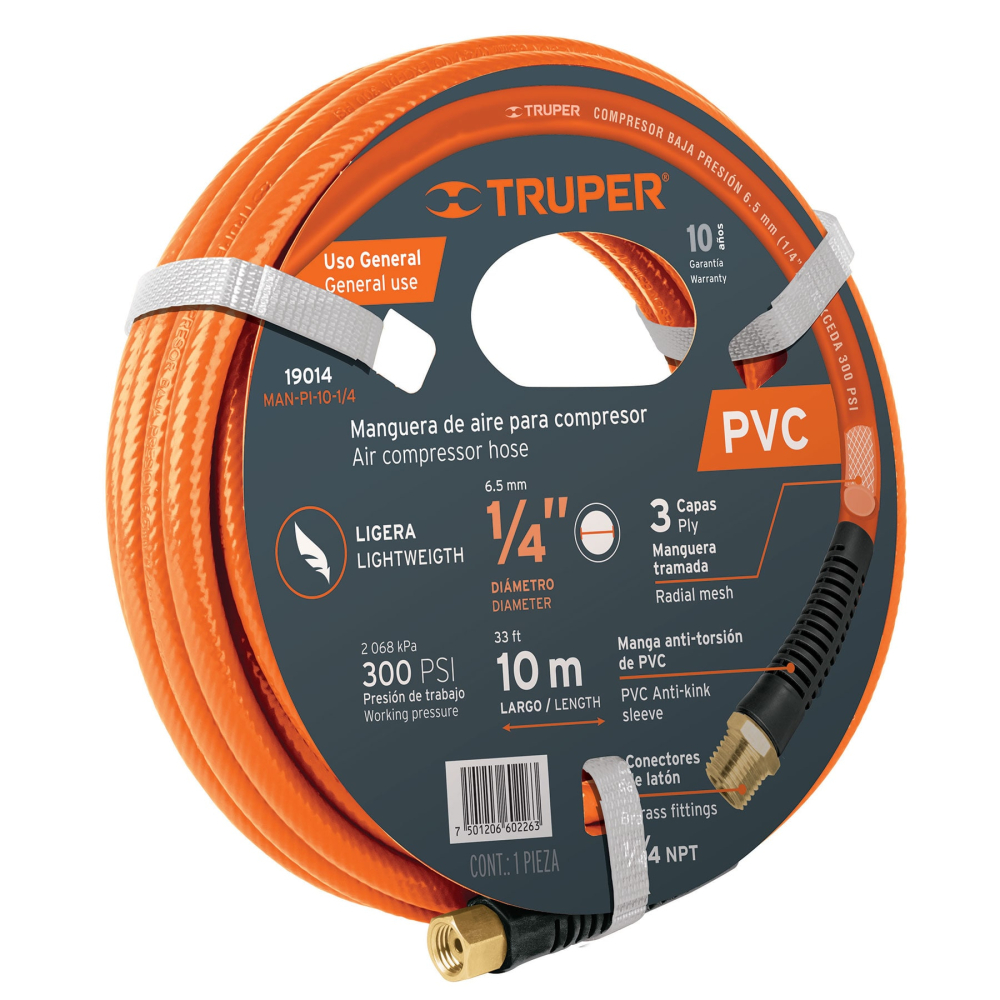 Manguera para compresor, de PVC, 10m x 1/4', TRUPER MAN-PI-10-1/4