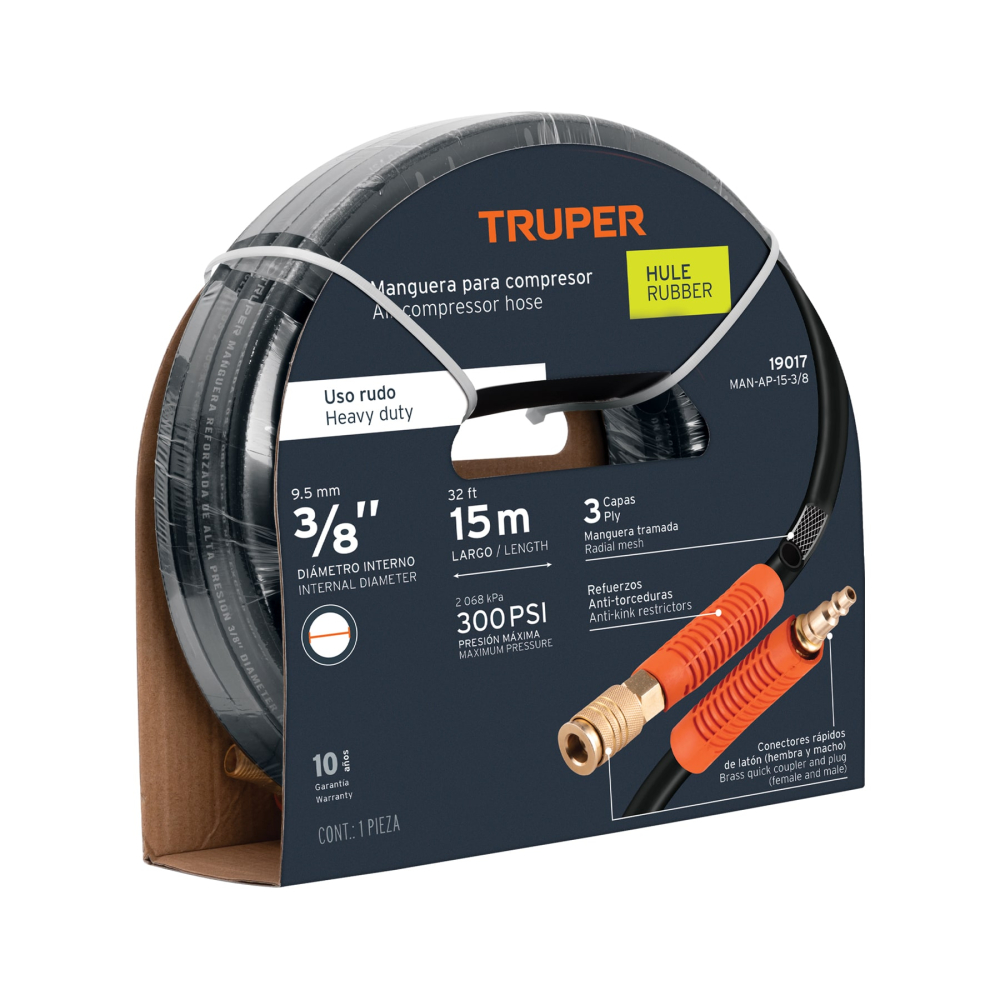 Manguera para compresor, de hule, 15m x 3/8', Truper MAN-AP-15-3/8