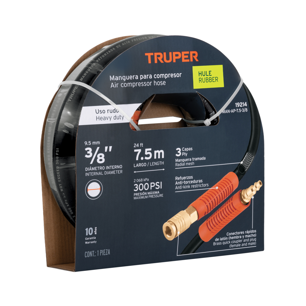Manguera para compresor, de hule, 7.5m x 3/8', TRUPER MAN-AP-7.5-3/8