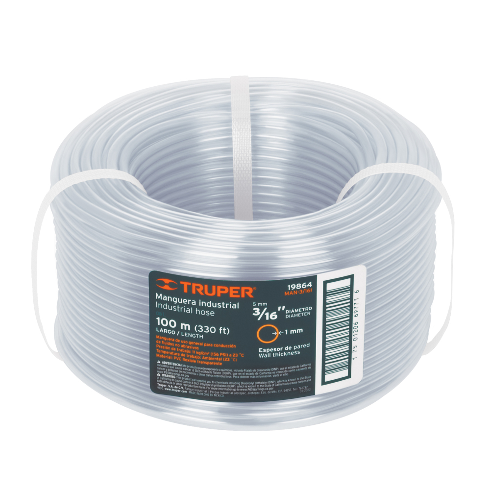 Metro de manguera 3/16' industrial en rollo de 100 m, Truper MAN-3/16I