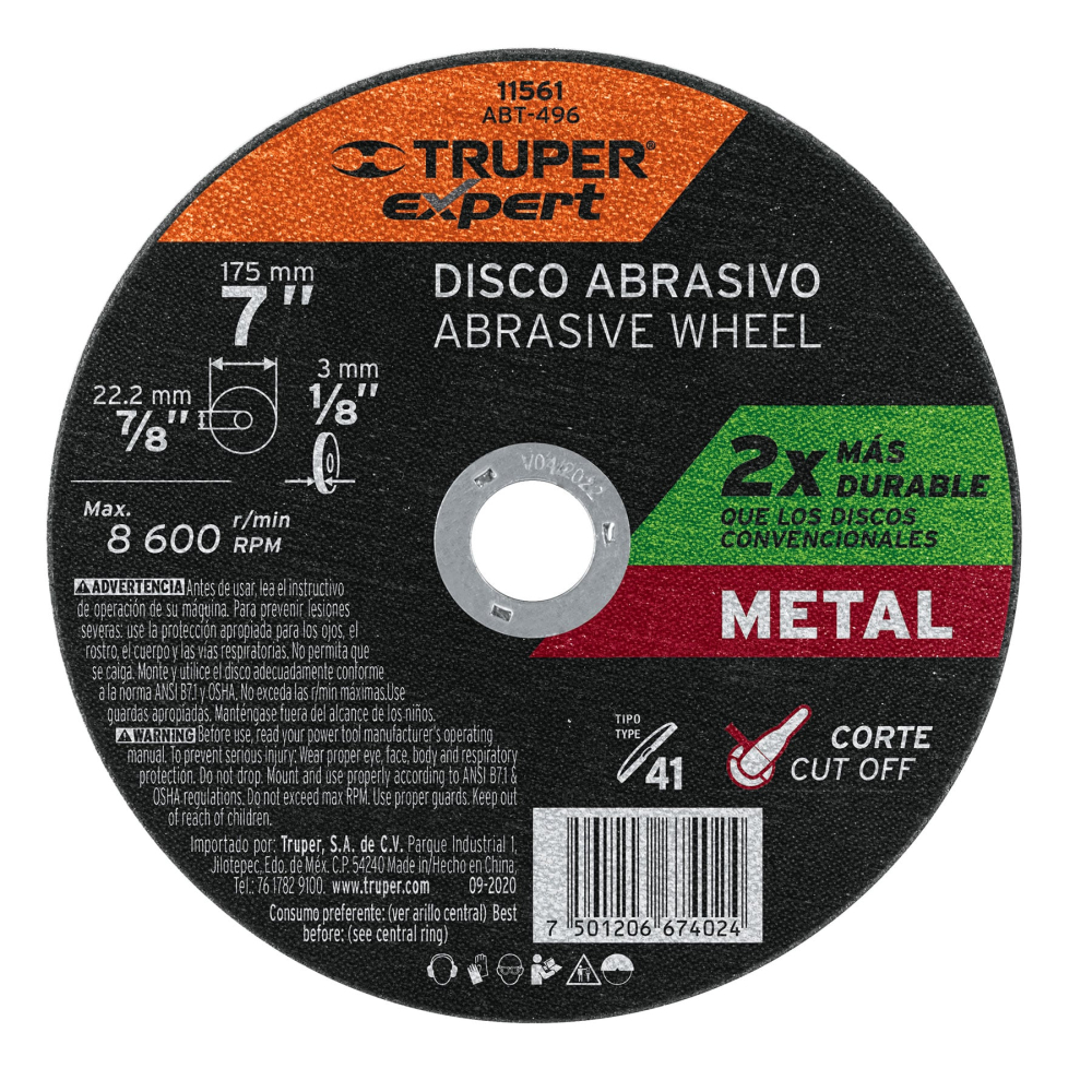 Disco para corte de metal, tipo 41, diámetro 7' EXPERT ABT-496