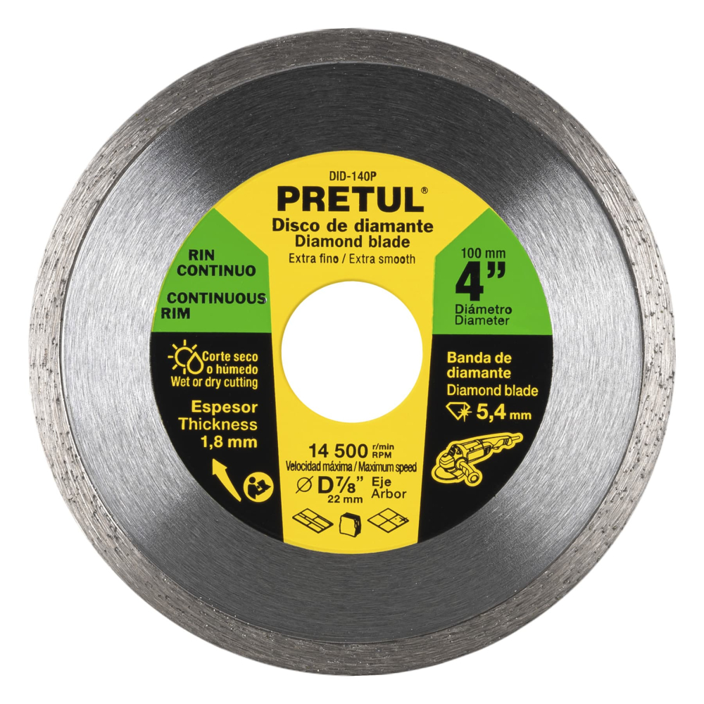 Disco de diamante de 4' x 1.8 mm, rin continuo, PRETUL DID-140P