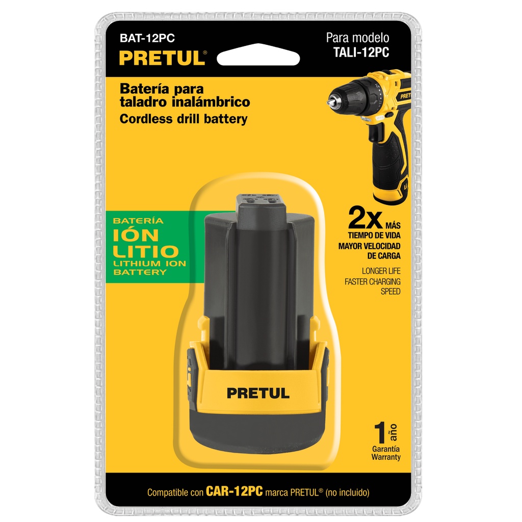 Batería ion litio, 12V, para taladro TALI-12PC, PRETUL BAT-12PC