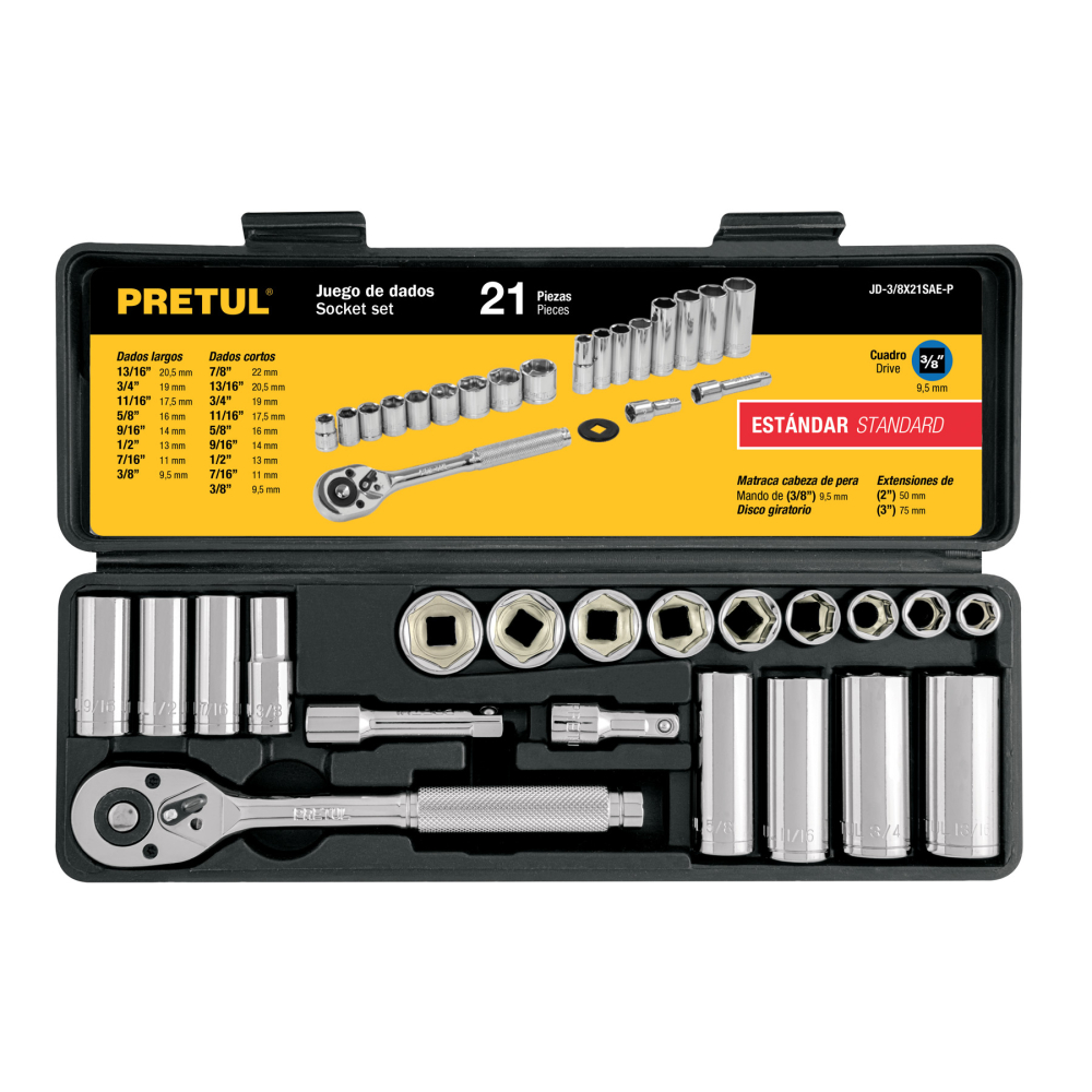Juego de 21 herramientas 3/8' std para mecánico, PRETUL JD-3/8X21SAE-P