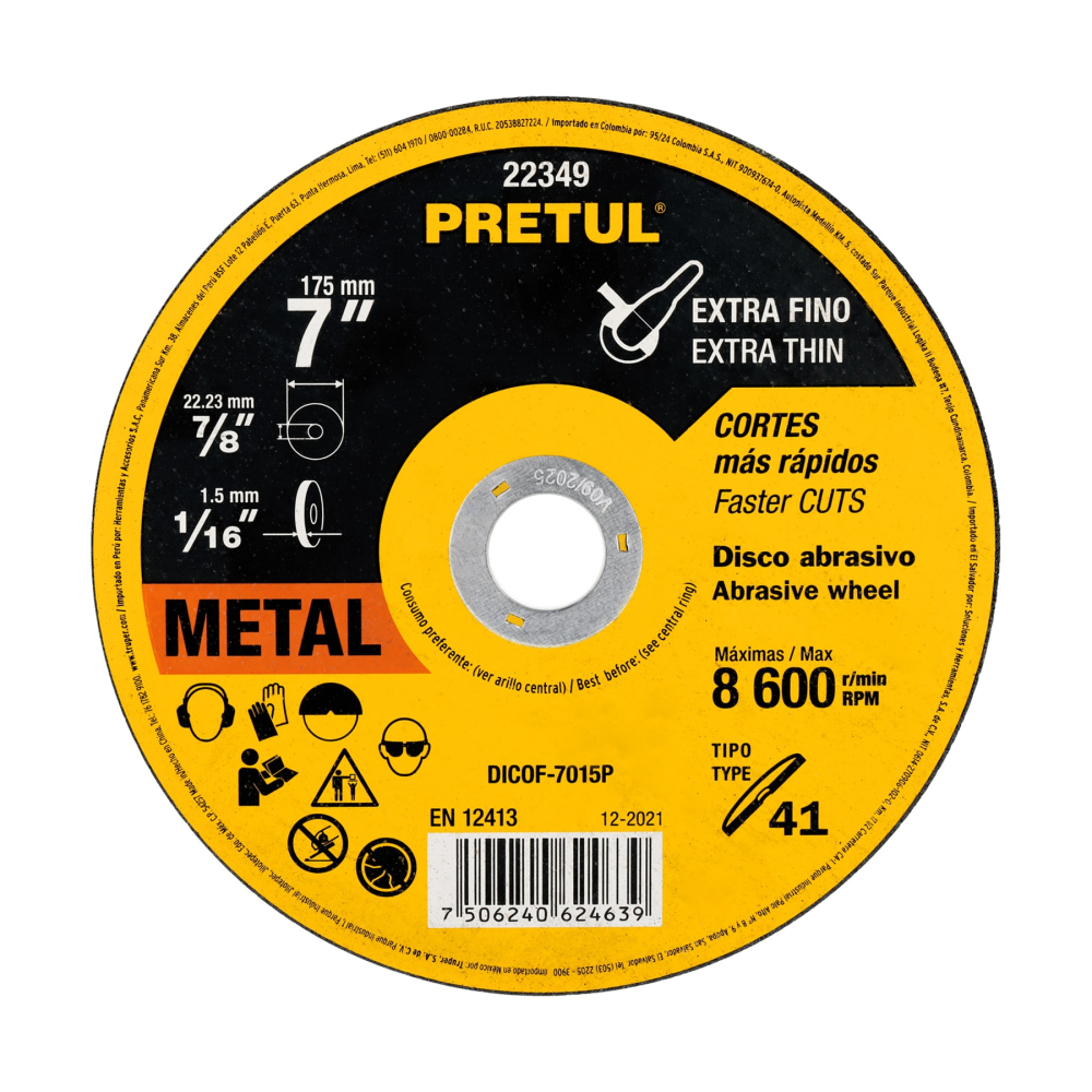 Disco abrasivo de corte preciso metal 7' x 1.5 mm, PRETUL DICOF-7015P