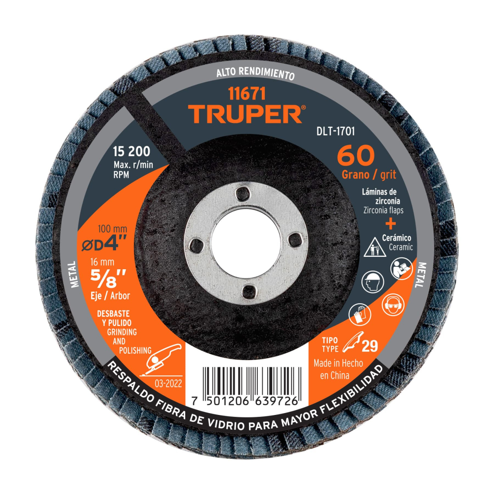Disco laminado 4', grano 60 centro 5/8', fibra, TRUPER DLT-1701
