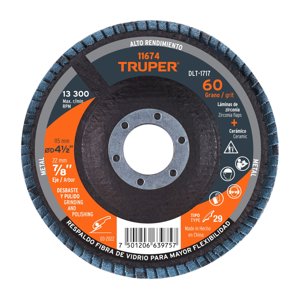 Disco laminado 4-1/2', grano 60 centro 7/8', fibra, TRUPER DLT-1717