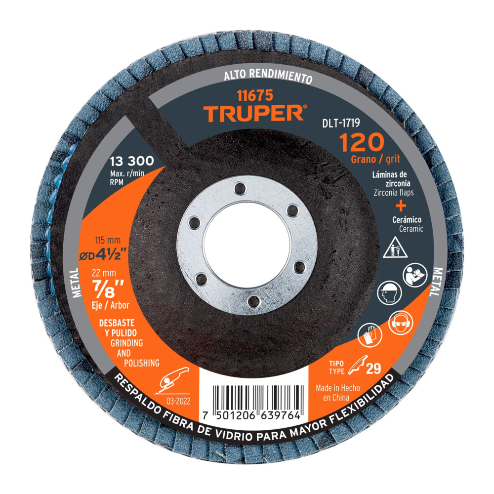 Disco laminado 4-1/2', grano 120 centro 7/8', fibra, TRUPER DLT-1719
