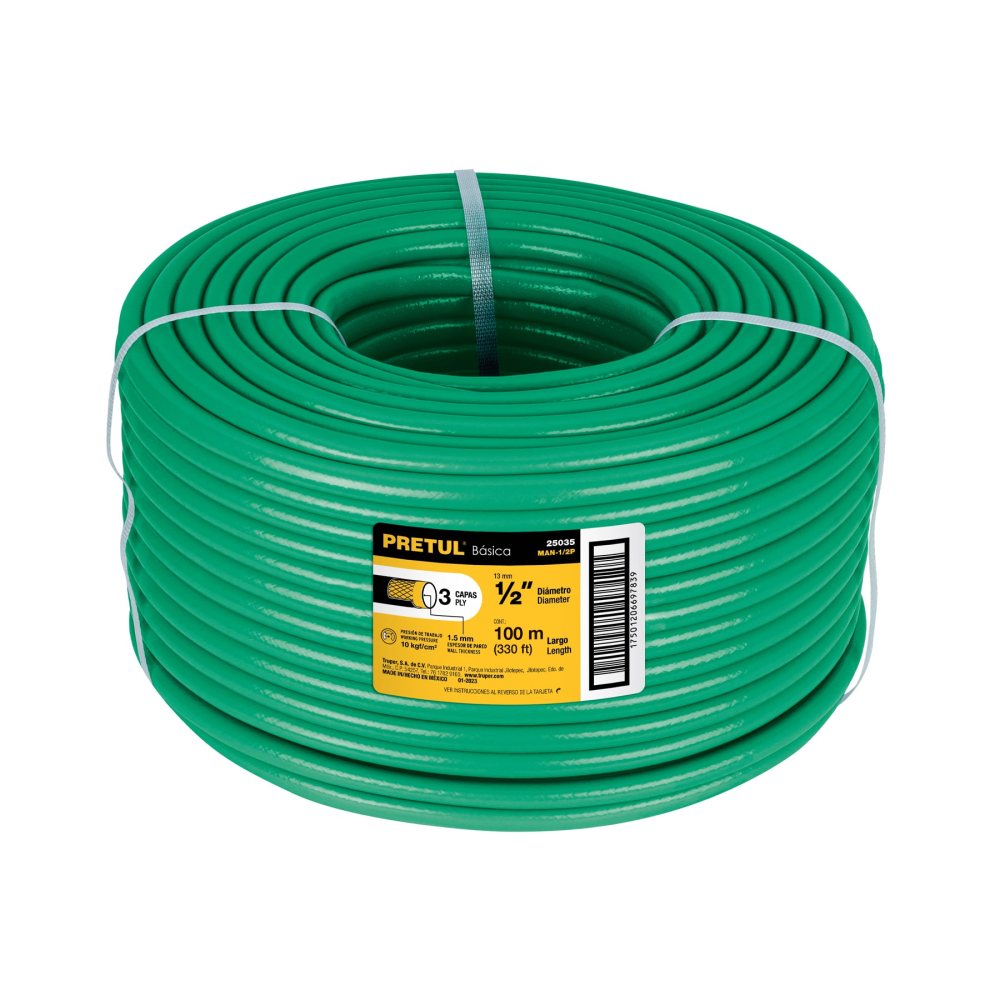 Metro de manguera 1/2' 3 capas en rollo de 100 m, PRETUL MAN-1/2P