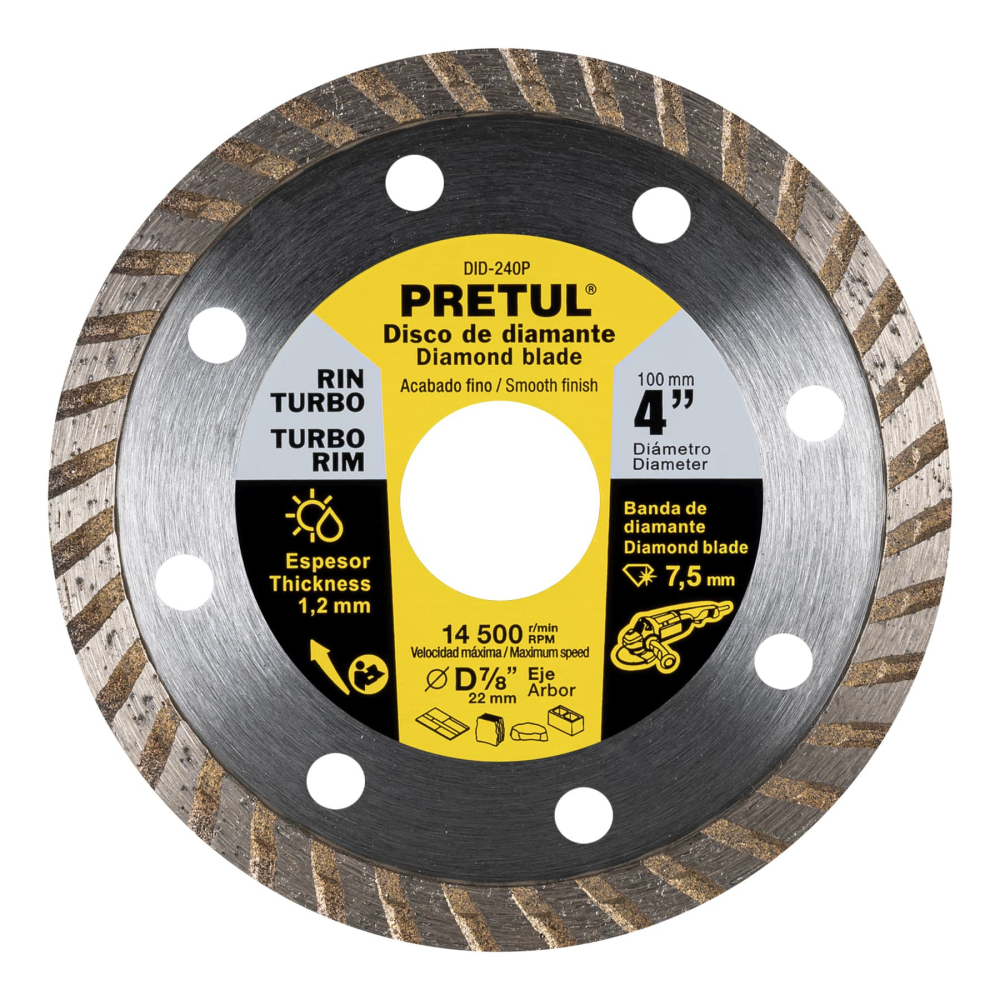 Disco de diamante de 4' x 1.2 mm, rin turbo, PRETUL DID-240P