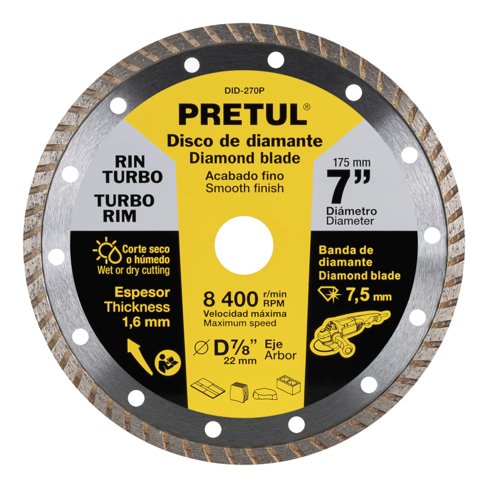 Disco de diamante de 7' x 1.6 mm, rin turbo, PRETUL DID-270P