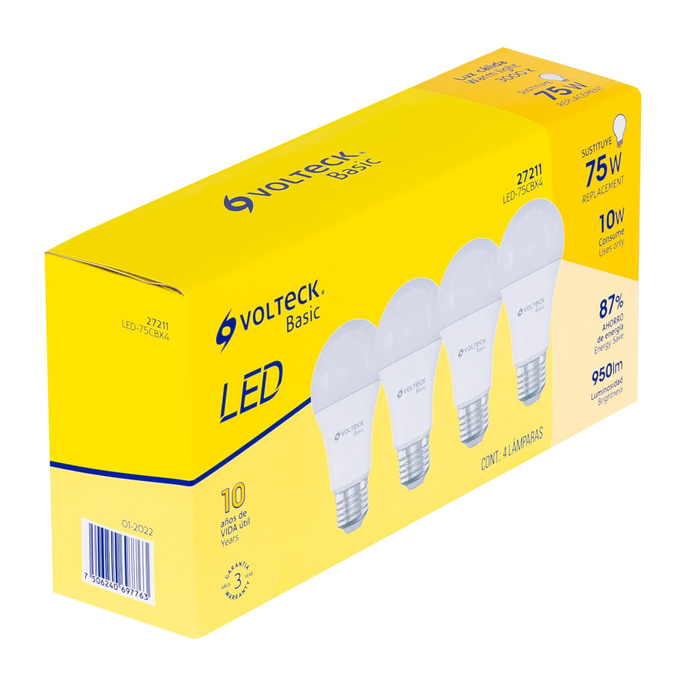 Pack 4 focos LED 10W (75W) A19, 3000K cálida, 950 lm, BASIC LED-75CBX4
