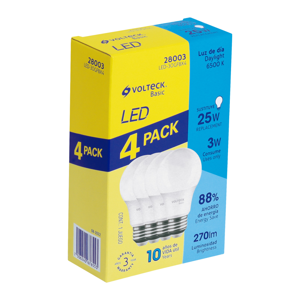 Pack 4 focos LED 3W (25W) G45, 6500K fría, 270 lm, BASIC LED-30GFBX4