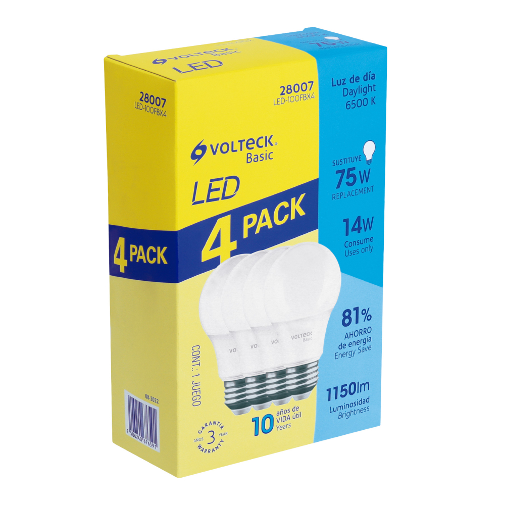 Pack 4 focos LED 14W (75W) A19, 6500K fría, 1150 lm, BASIC LED-100FBX4