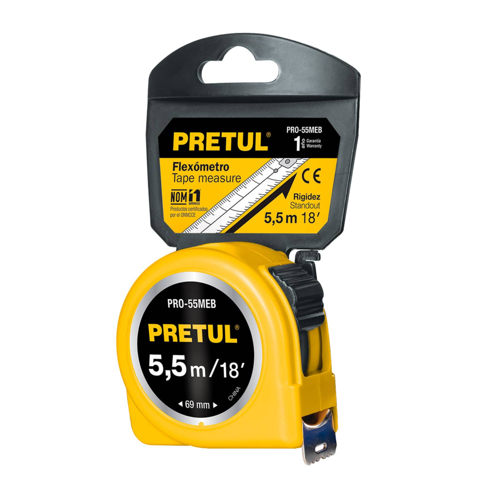 Flexómetro amarillo 6 m cinta 25 mm, en tarjeta, PRETUL PRO-55MEB