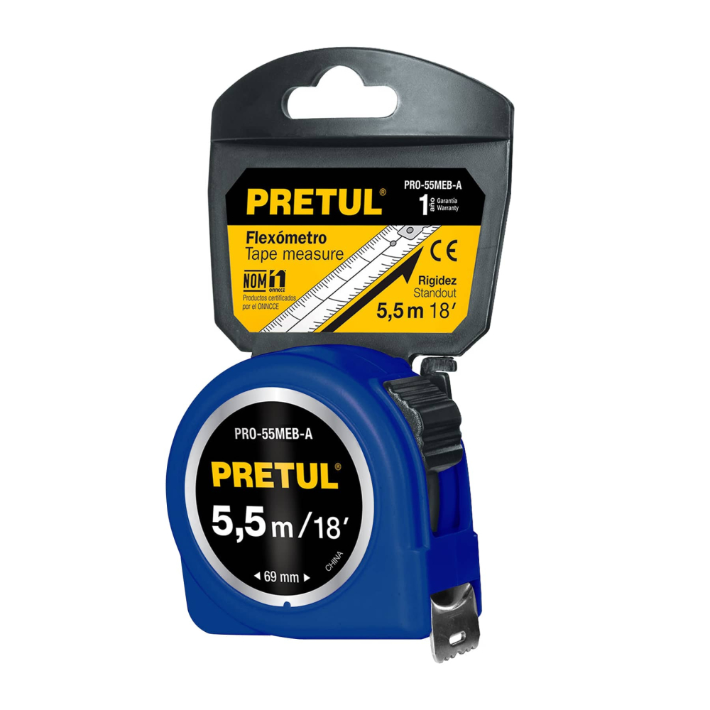 Flexómetro azul 6 m cinta 25 mm, en tarjeta, PRETUL PRO-55MEB-A
