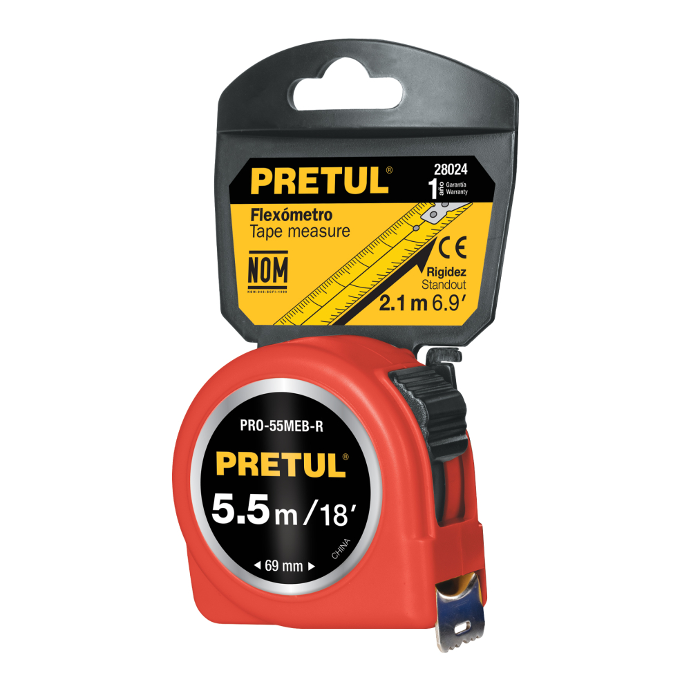 Flexómetro rojo 6 m cinta 25 mm, en tarjeta, PRETUL PRO-55MEB-R