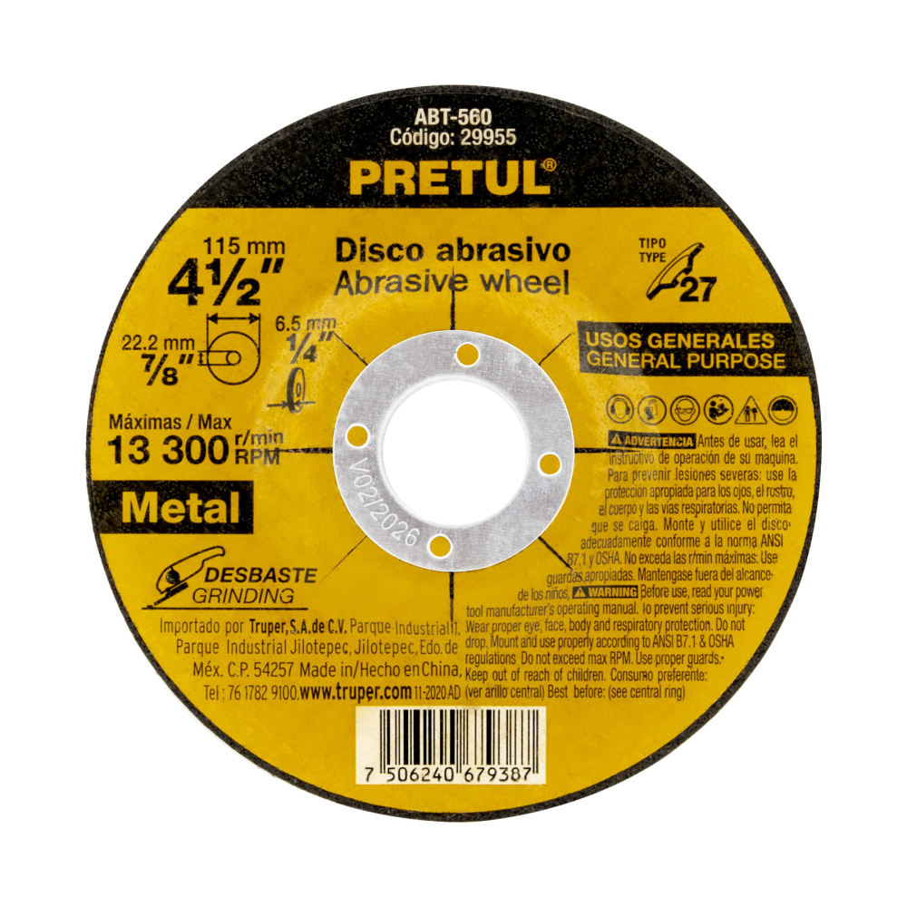 Disco Tipo 27 de 4-1/2' x 6.2 mm desbaste de metal, PRETUL ABT-560