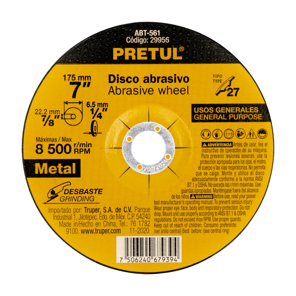 Disco Tipo 27 de 7' x 6.2 mm desbaste de metal, PRETUL ABT-561