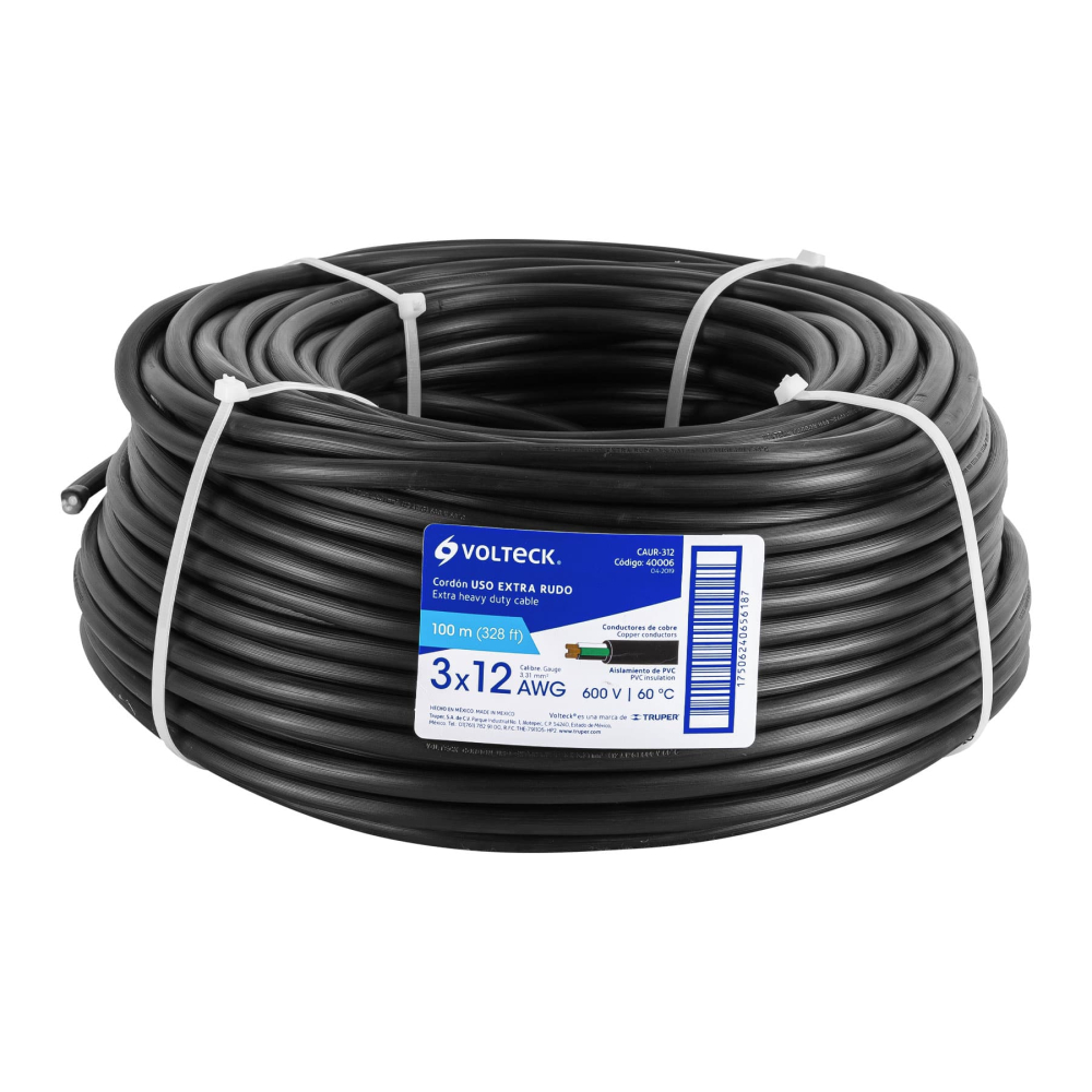 Metro de cable uso extra rudo 3 x 12 AWG en rollo de 100 m CAUR-312
