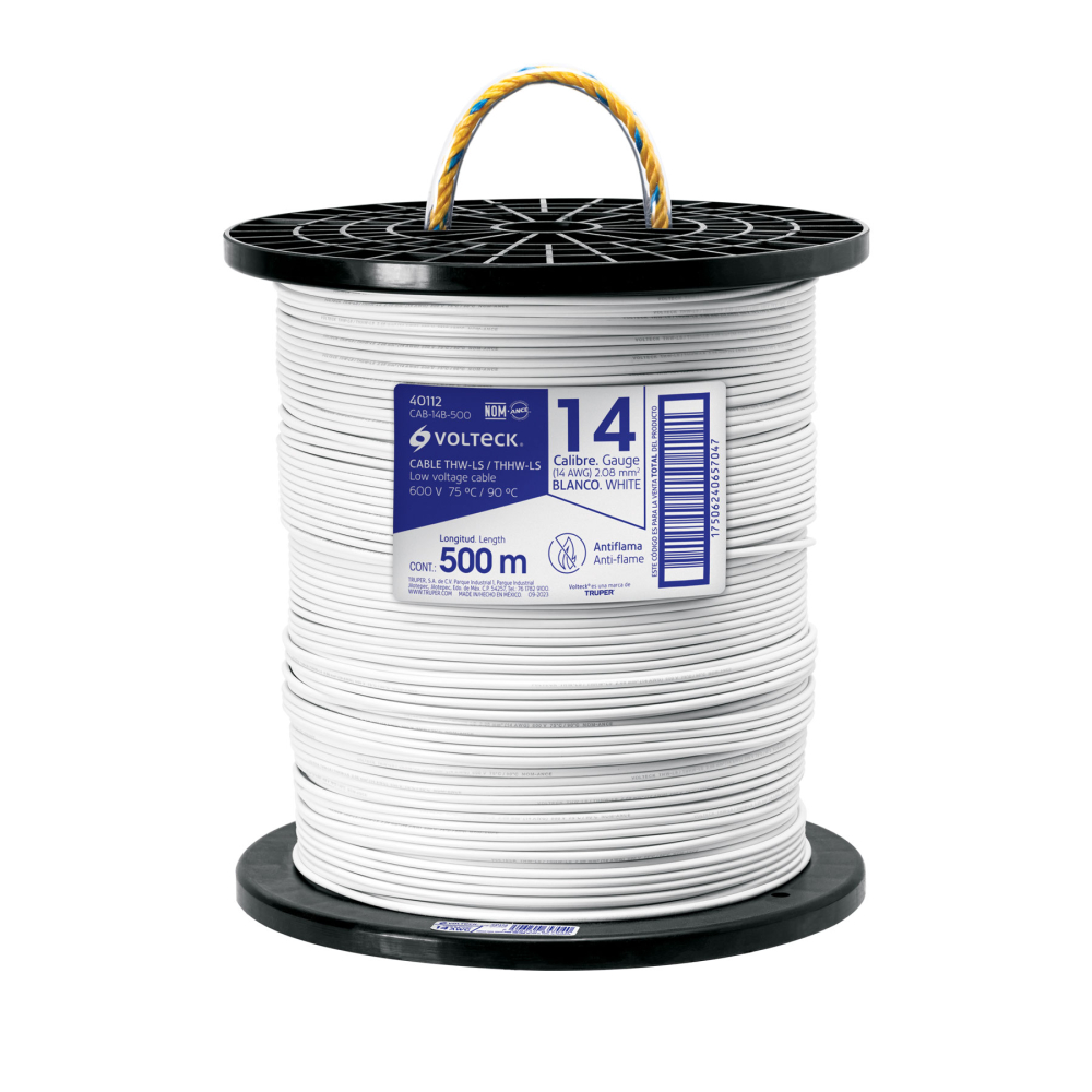 Metro de cable THHW-LS 14 AWG blanco en carrete de 500 m CAB-14B-500