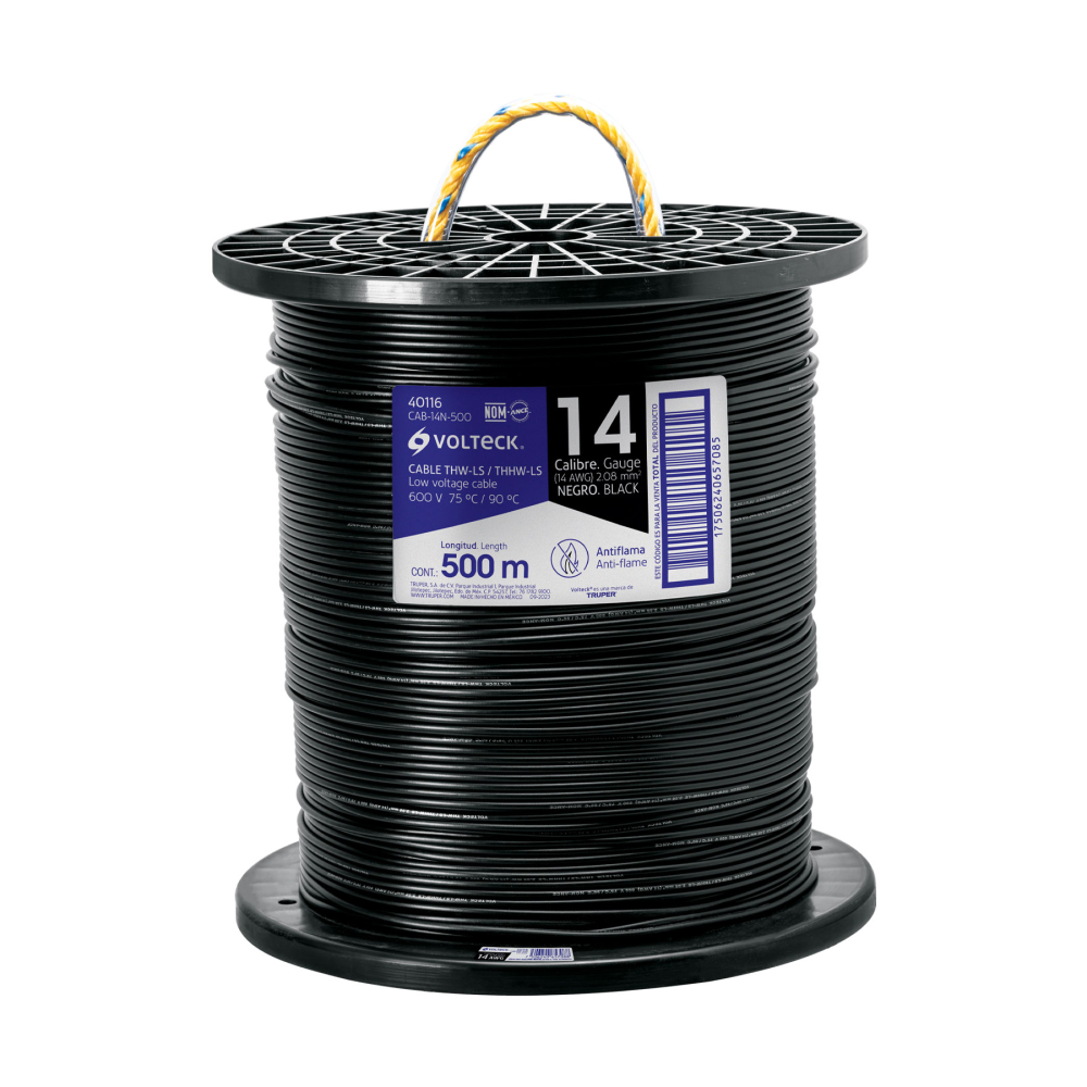Metro de cable THHW-LS 14 AWG negro en carrete de 500 m CAB-14N-500
