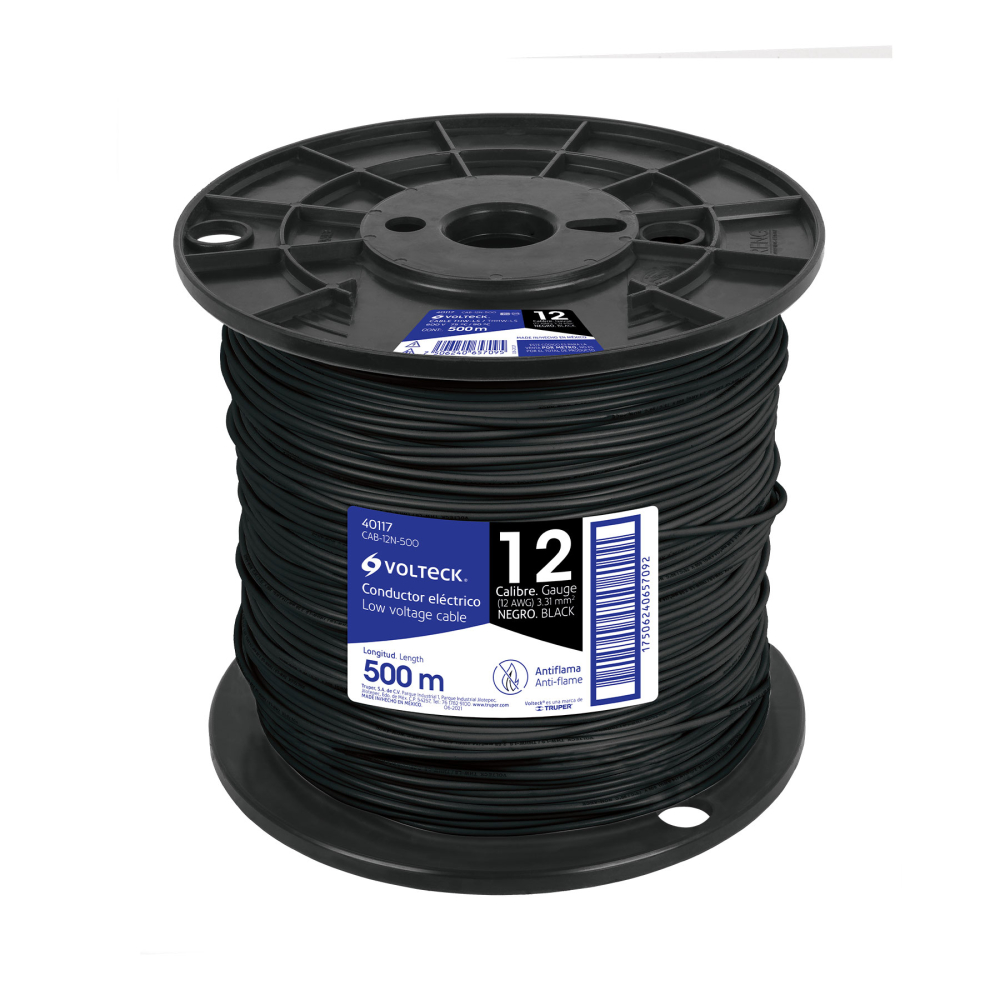 Metro de cable THHW-LS 12 AWG negro en carrete de 500 m CAB-12N-500