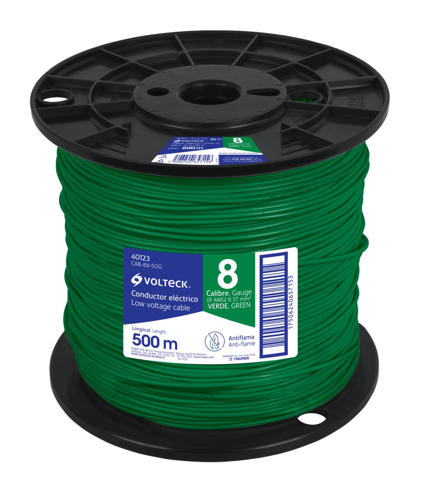 Metro de cable THHW-LS 8 AWG verde en carrete de 500 m CAB-8V-500