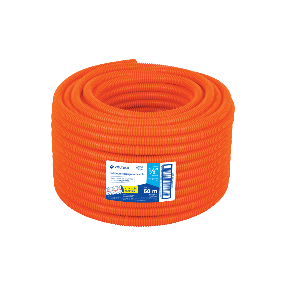 Metro de poliducto 1/2' corrugado flex. c/guía, rollo 50 m PF-1/2GM