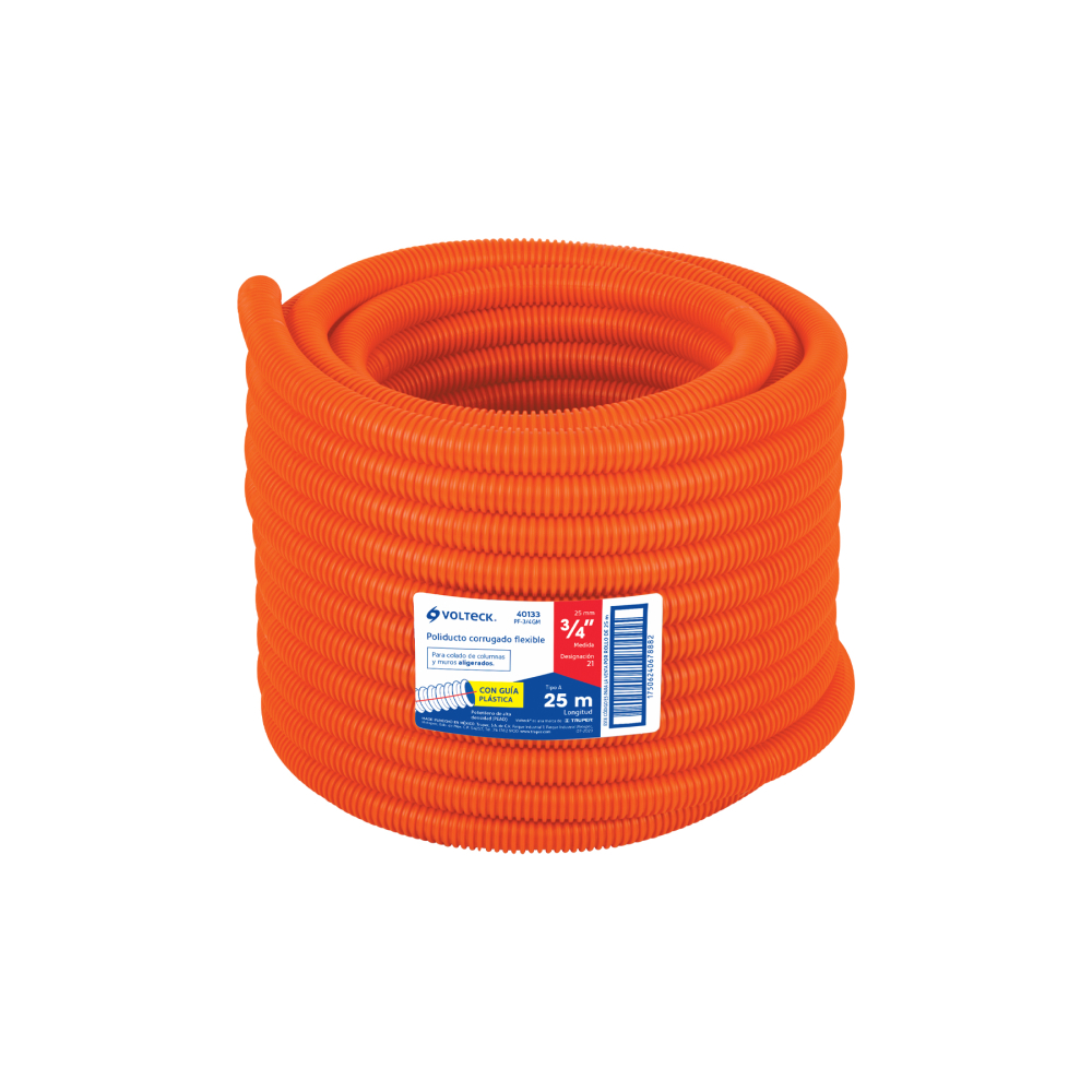 Metro de poliducto 3/4' corrugado flex. c/guía, rollo 25 m PF-3/4GM