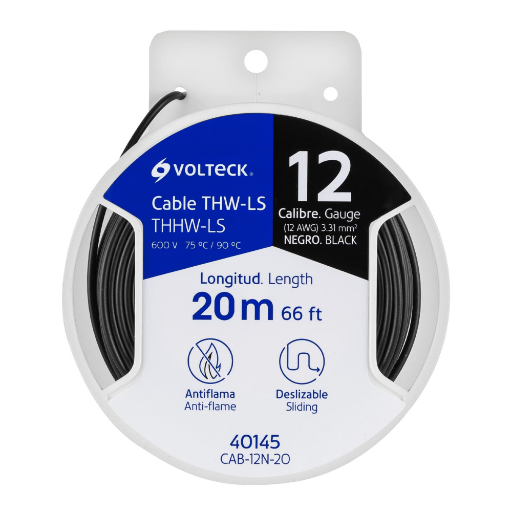 Carrete con 20 m de cable THHW-LS 12 AWG negro, Volteck CAB-12N-20