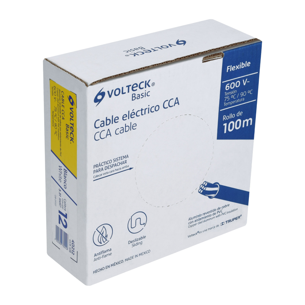 Rollo de 100 metros de cable THW CCA 12 AWG blanco, BASIC CCA-12B