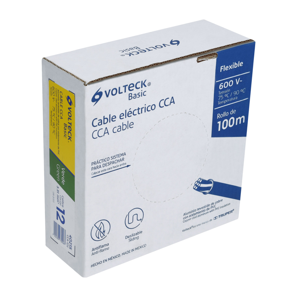 Rollo de 100 metros de cable THW CCA 12 AWG verde, BASIC CCA-12V