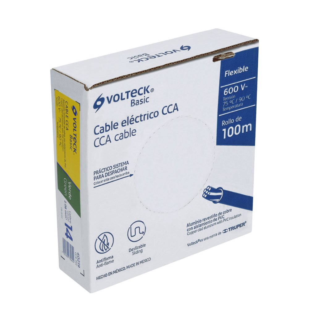 Rollo de 100 metros de cable THW CCA 14 AWG verde, BASIC CCA-14V