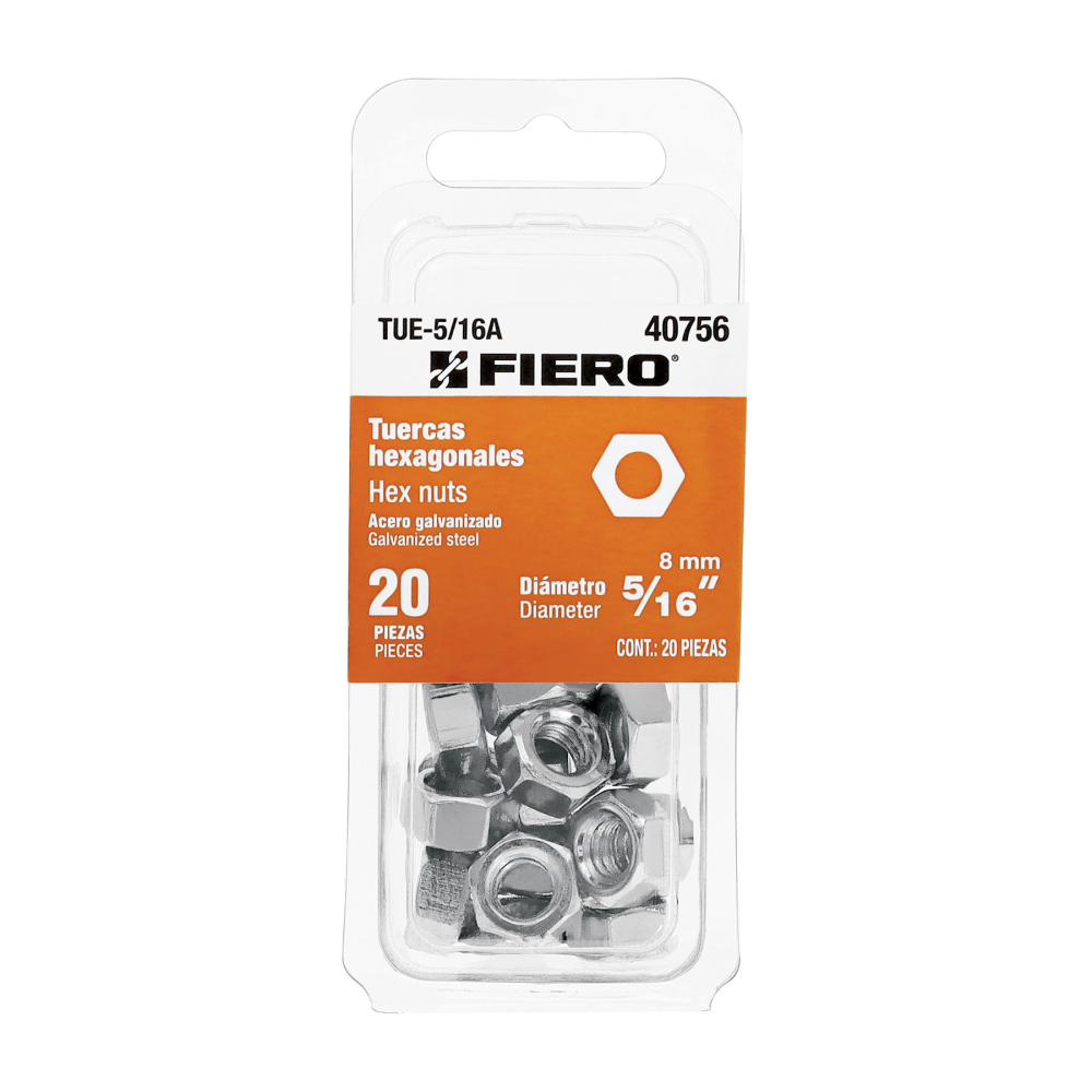 Blíster con 20 tuercas 5/16' hex de acero galvanizado, FIERO TUE-5/16A