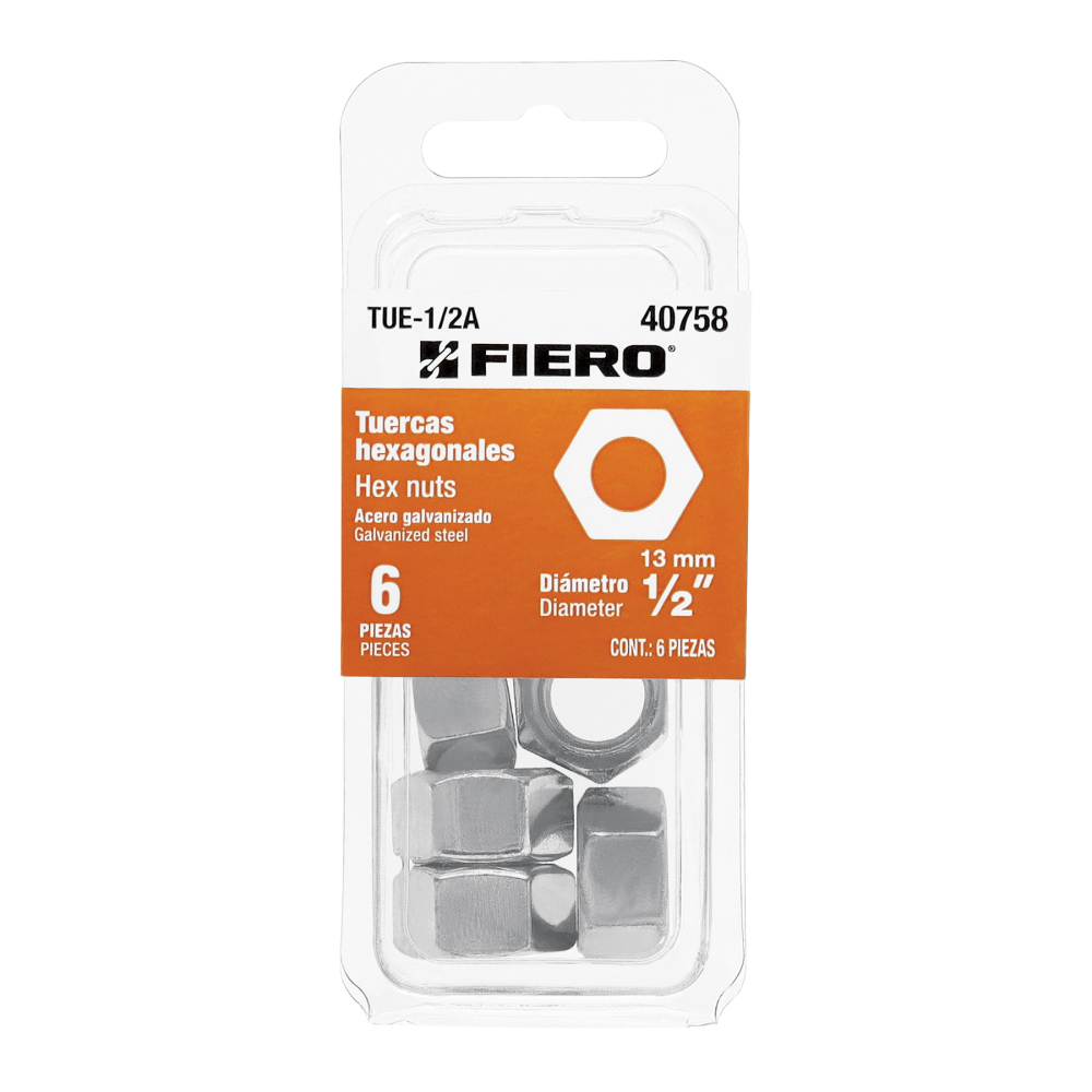 Blíster con 6 tuercas 1/2' hex de acero galvanizado, FIERO TUE-1/2A