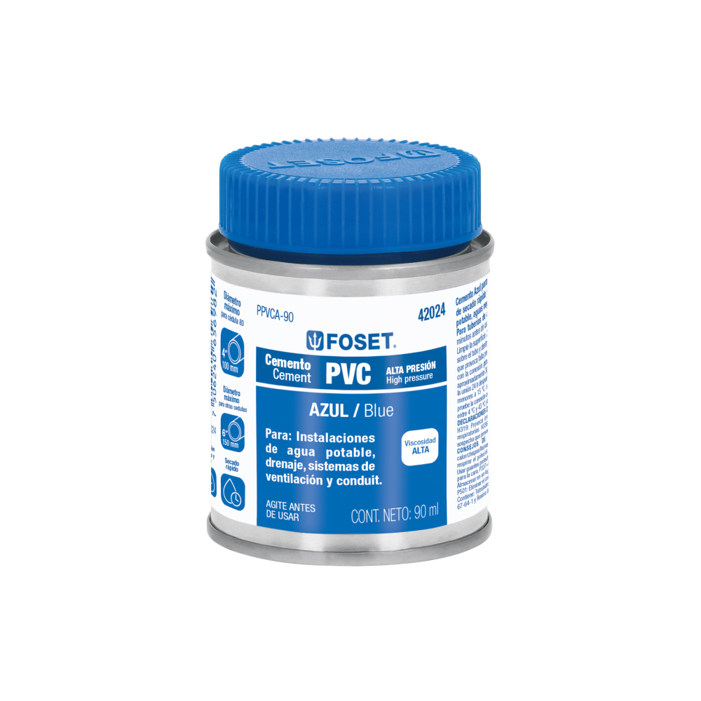 Cemento p/PVC, azul, alta presión, lata 90ml, FOSET PPVCA-90