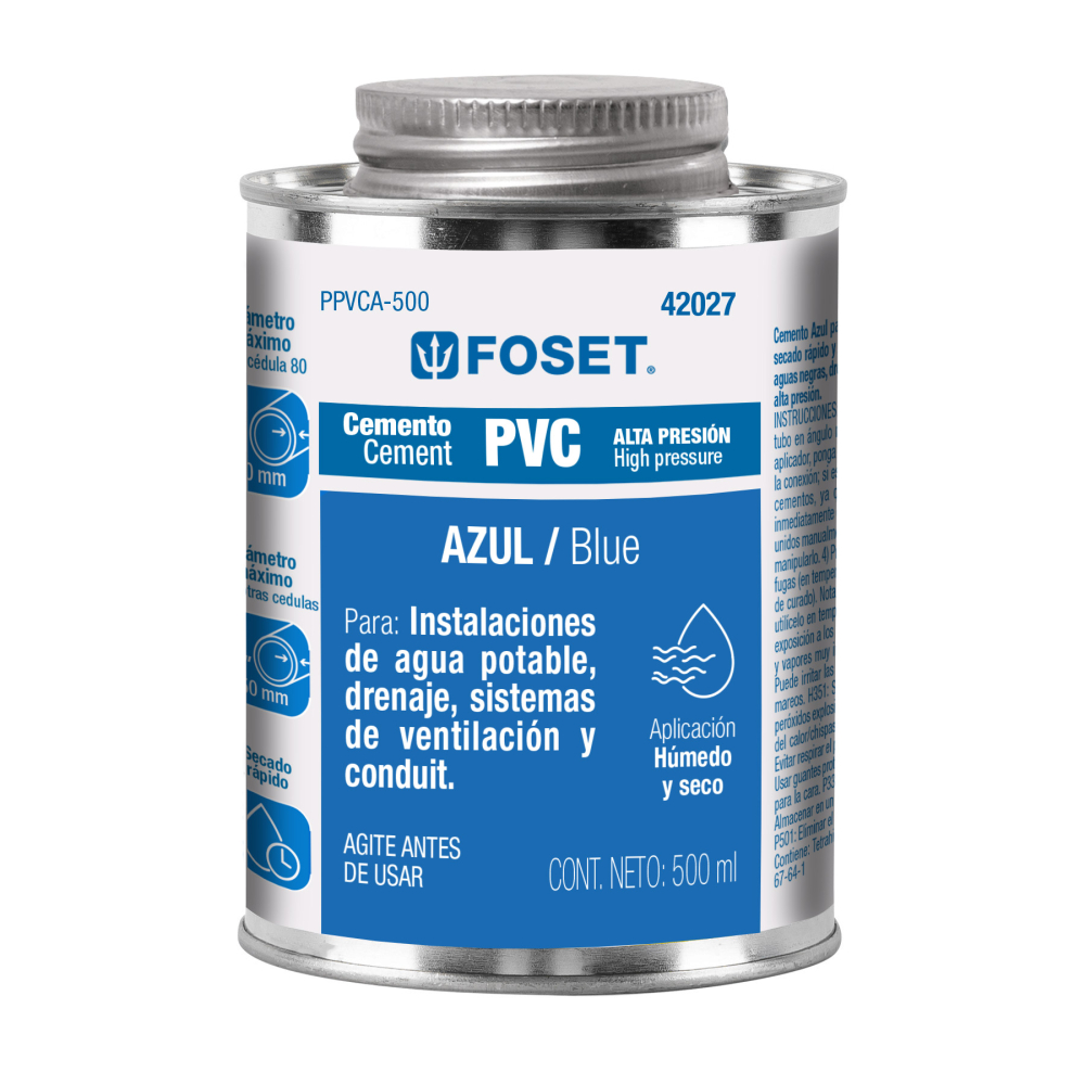 Cemento p/PVC, azul, alta presión, lata 500ml, FOSET PPVCA-500