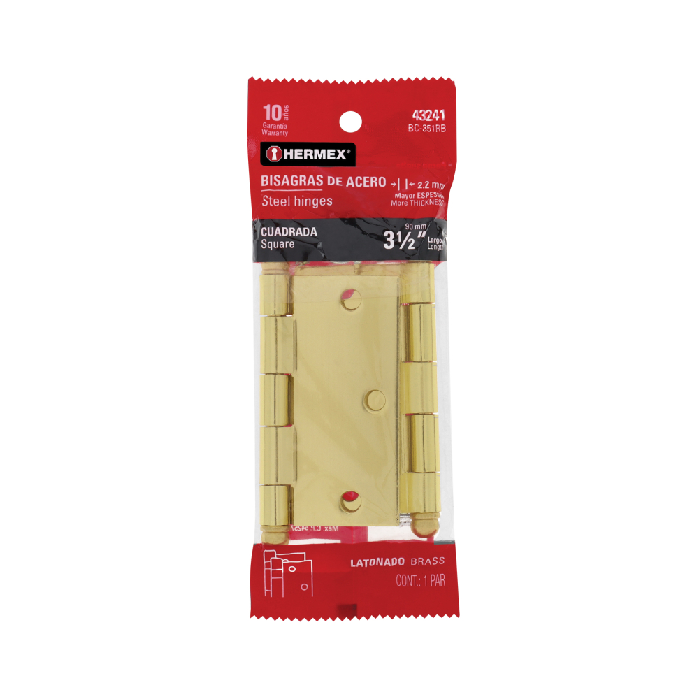 Bolsa 2 bisagras cuadradas 3-1/2', latonado, cabeza redonda BC-351RB