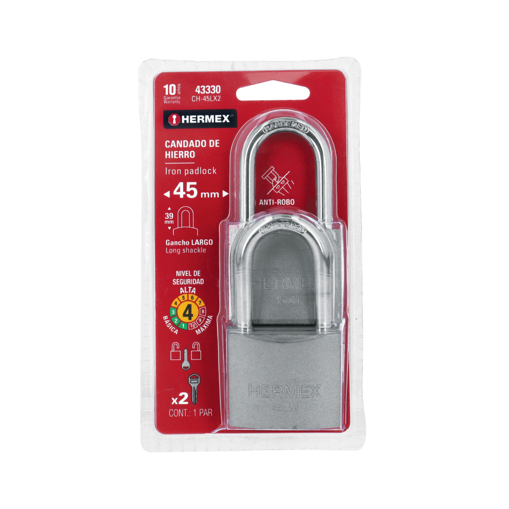 Blíster con 2 candados de hierro de 45mm con gancho largo CH-45LX2