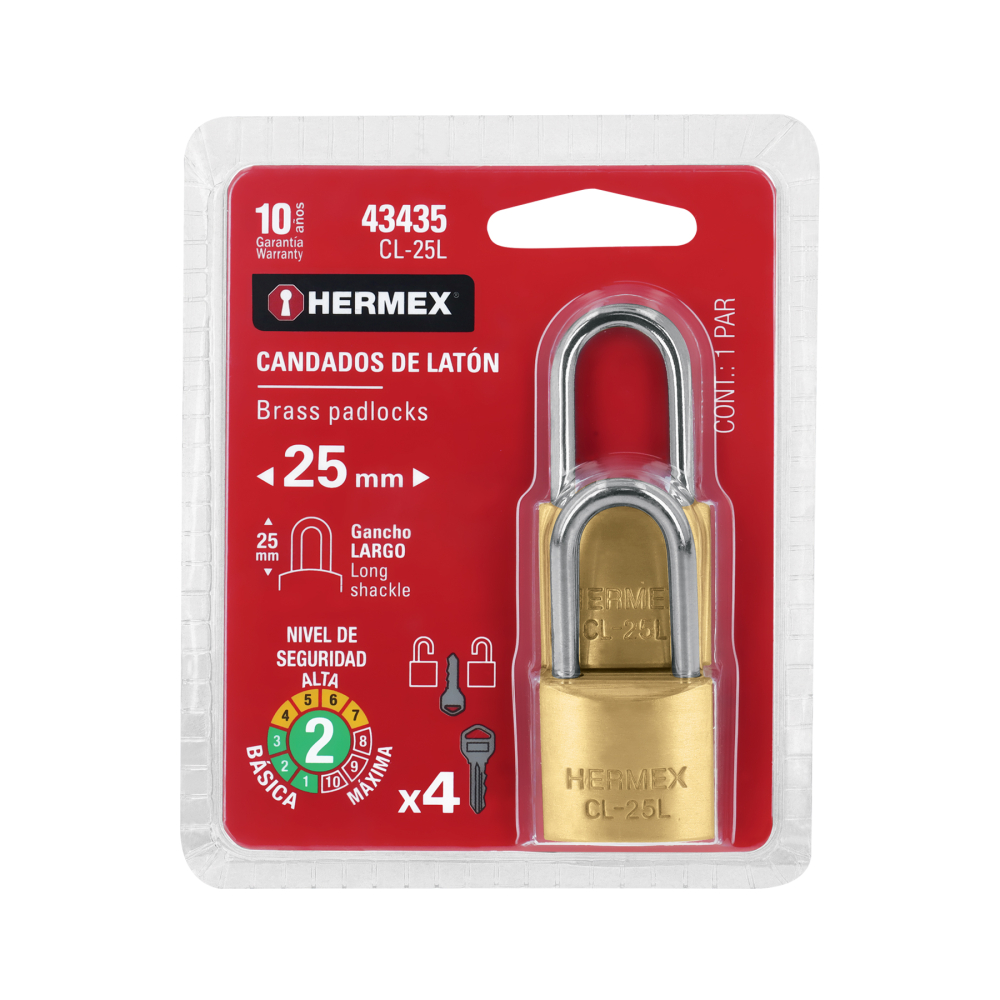 Blíster con 2 candados de latón de 25mm con gancho largo CL-25L