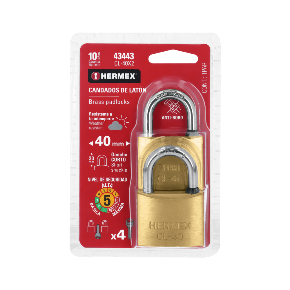 Blíster con 2 candados de latón de 40mm con gancho corto CL-40X2