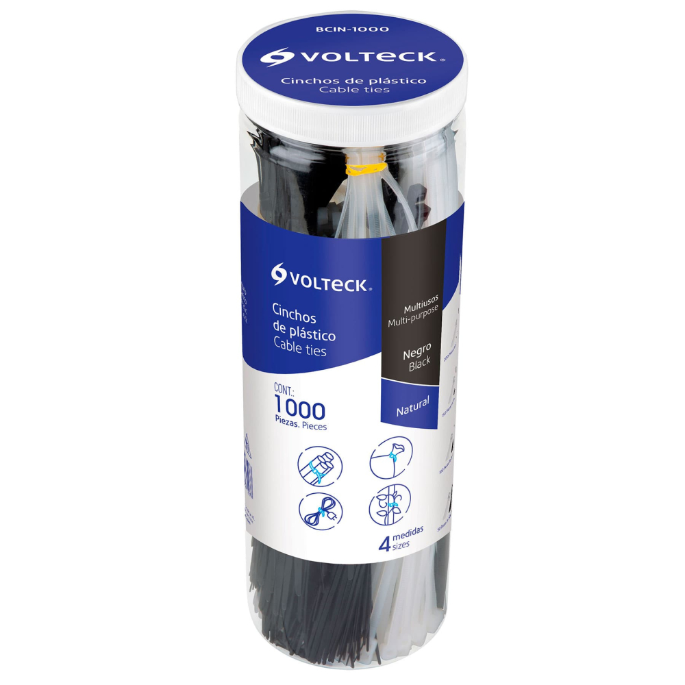 Bote con 1000 cinchos plásticos negros y naturales, VOLTECK BCIN-1000