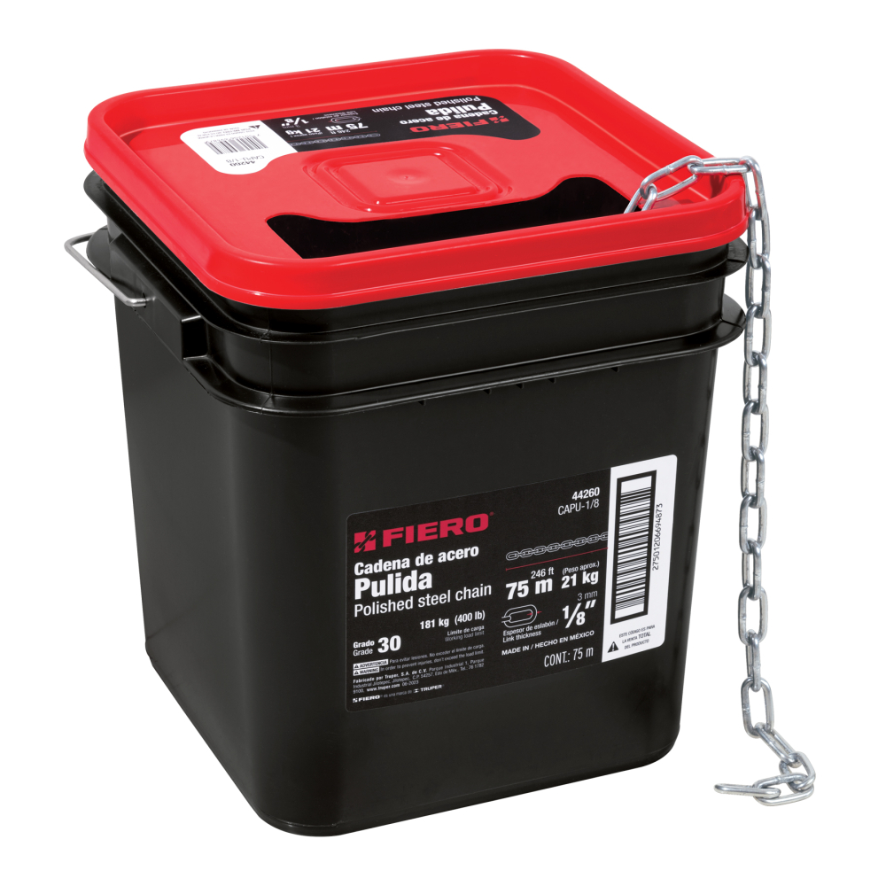 Metro de cadena pulida de 1/8', 75 m en cubeta, FIERO CAPU-1/8