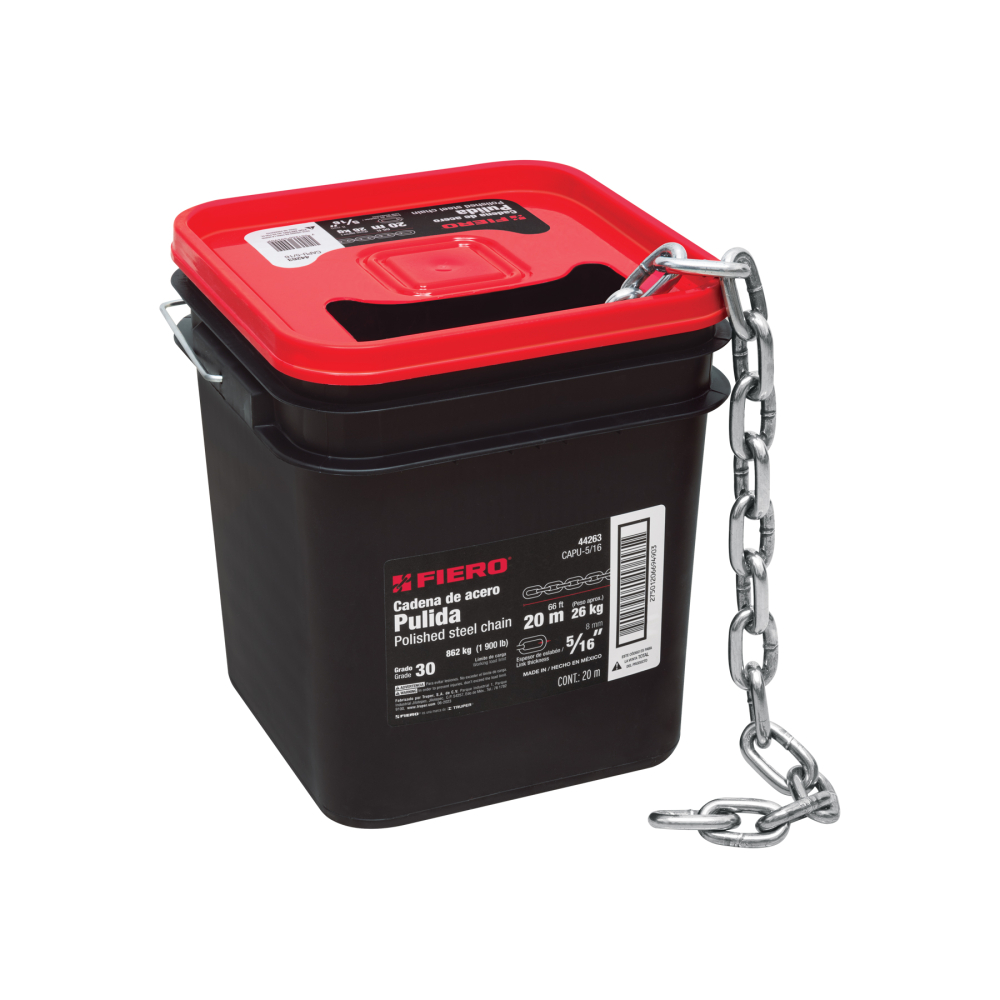 Metro de cadena pulida de 5/16', 20 m en cubeta, FIERO CAPU-5/16