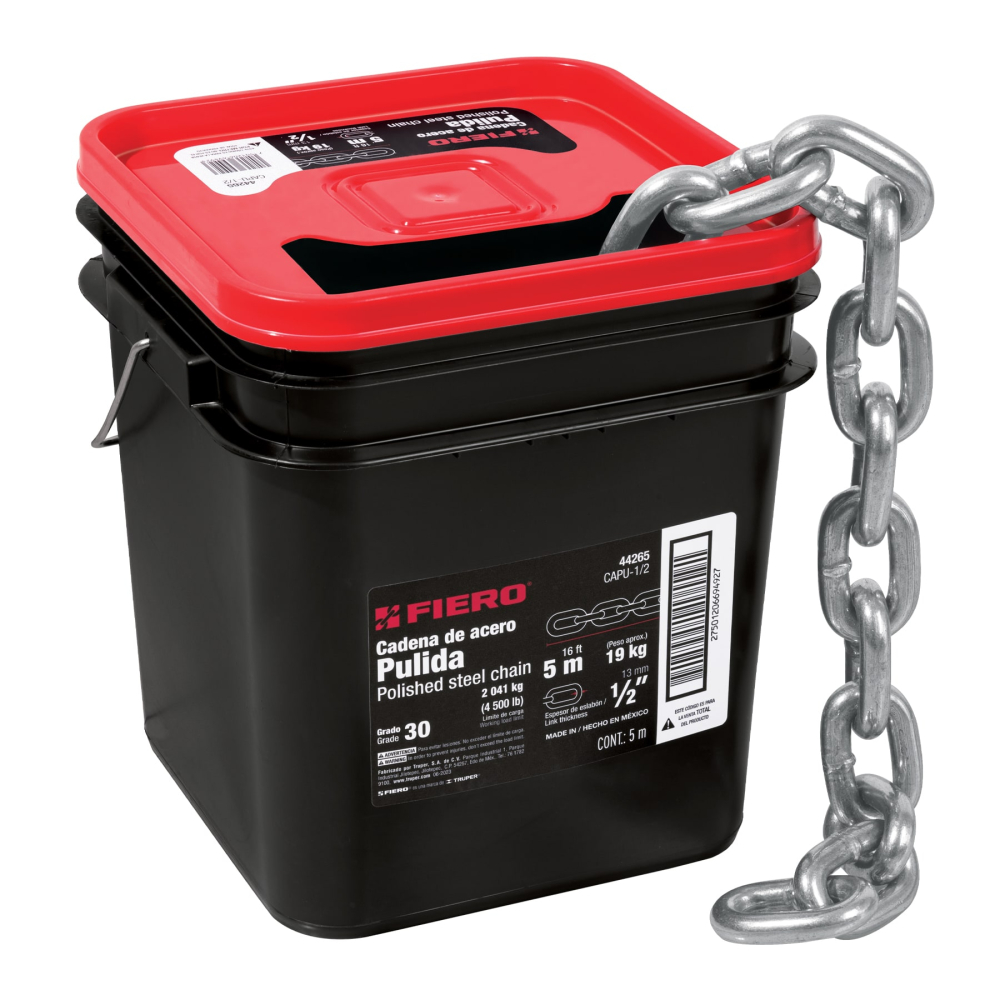 Metro de cadena pulida de 1/2', 5 m en cubeta, FIERO CAPU-1/2
